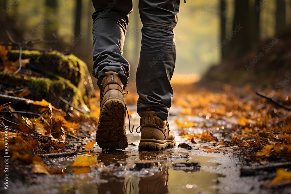 Close up of man hiking legs with sports shoes and backpack walking on forest path. travel and hiking concept. Close up of man hiking legs with sports shoes and backpack walking on forest path. travel and hiking concept.