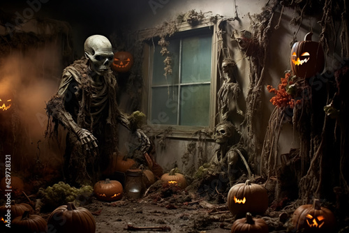 Skeleton near the window. Halloween decorations. Autumn atmosphere. AI Generated