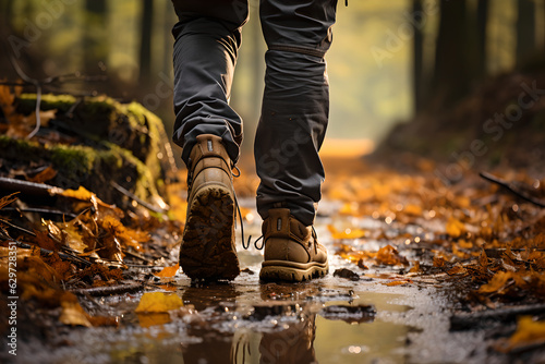 Close up of man hiking legs with sports shoes and backpack walking on forest path. travel and hiking concept. © AspctStyle