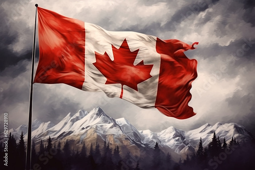 Flag of Canada on the background of the sky. Canadian mountains. The flag flutters in the wind. AI generated.