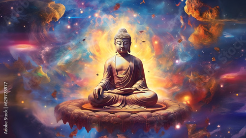 Spiritual background for meditation with buddha statue with galaxy universe background. Meditation on outer space background with glowing chakras photo