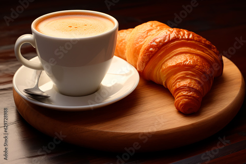 Fresh, crispy croissant with a cup of coffee on a wooden table. Quick breakfast. AI Generated