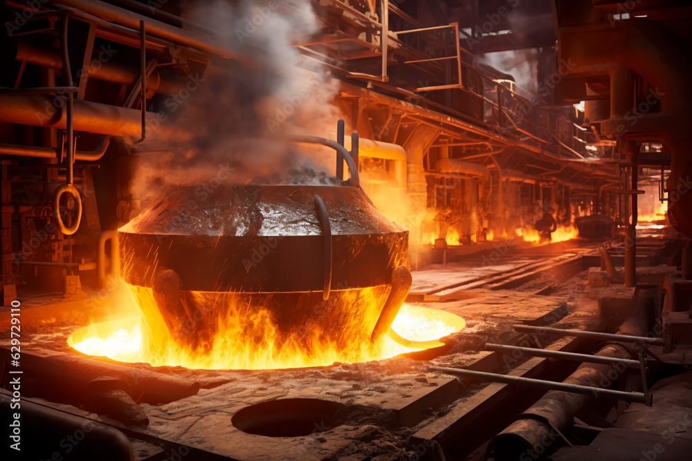 Metal smelter. Metallurgy. Big cauldron. Background, wallpaper. AI Generated