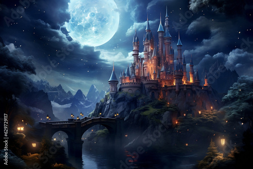 Enchanting castle amidst starlit skies, a captivating fantasy landscape,