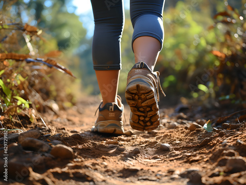 Close up of Female legs with sports shoes and backpack walking on forest path. Hiking in the mountains © AspctStyle