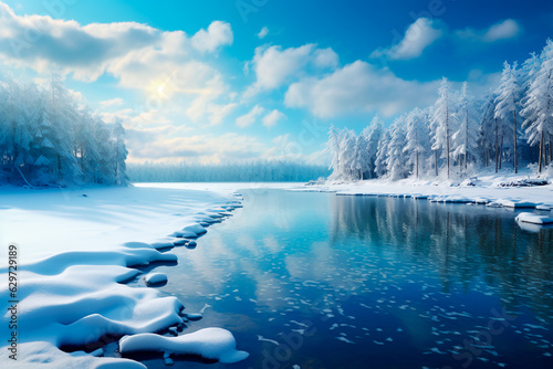 Winter weather in the forest. Winter atmosphere. Winter lake. Background, wallpaper. AI Generated