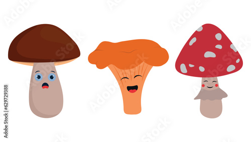 Cute funny vector mushrooms isolated on white background. Autumn cartoon illustration. Forest