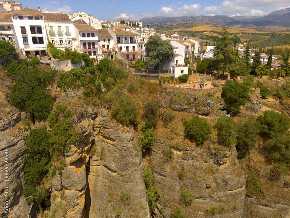 view from the Mirador de Aldehuela over the Jardines de Cuenca und the famous canyon with the Guadalevín River in Ronda, Málaga, Andalusia, Spain