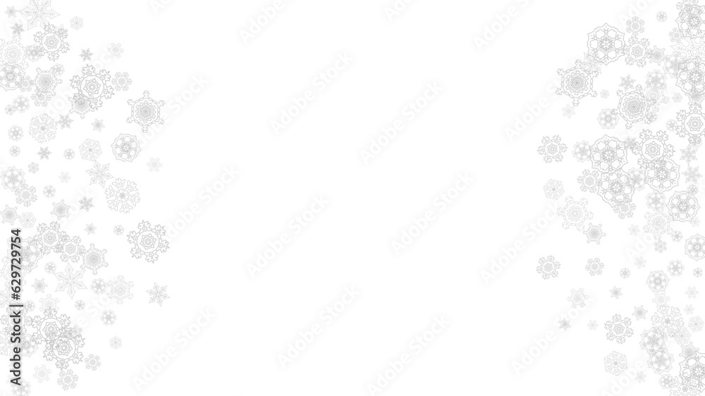 Snowflakes falling on white background. Horizontal Christmas and Happy New Year theme. Silver falling snowflakes for banner, gift card, party invitation, partner compliment and special business offers