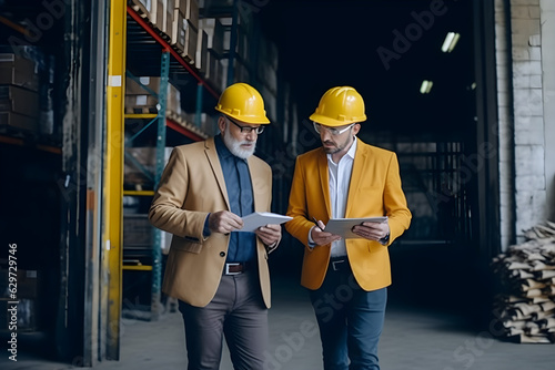 two business partners in formal wear and with protective yellow helmets on heads walking and talking about business younger one holding folder with data while older one using tablet 