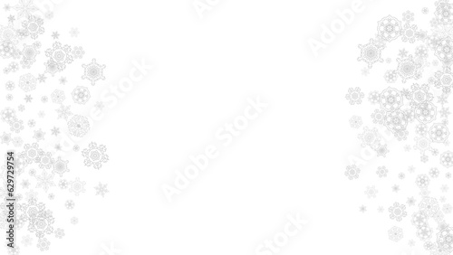 Snowflakes falling on white background. Horizontal Christmas and Happy New Year theme. Silver falling snowflakes for banner, gift card, party invitation, partner compliment and special business offers