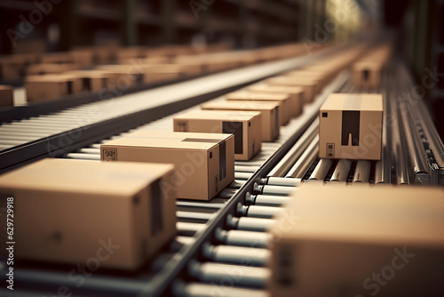 closeup of multiple cardboard box packages seamlessly moving along a conveyor belt in a warehouse fulfillment center a snapshot of e commerce delivery automation and products 