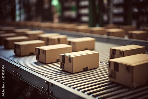 closeup of multiple cardboard box packages seamlessly moving along a conveyor belt in a warehouse fulfillment center a snapshot of e commerce delivery automation and products 