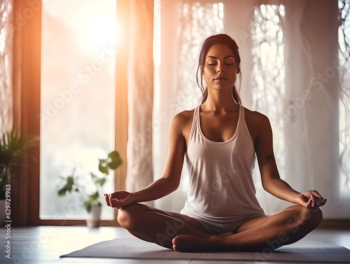 Young sporty woman practicing lotus asana in yoga studio. Woman do meditation practice with eyes closed alone indoor. Well being, wellness concept photo