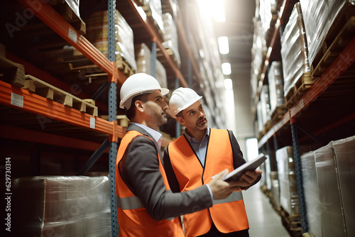 revision managers discussing amount of loaded goods in racks 