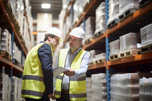 revision managers discussing amount of loaded goods in racks 