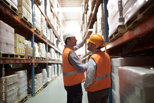 revision managers discussing amount of loaded goods in racks 
