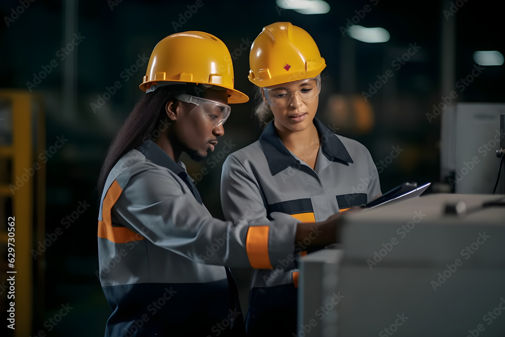 two professional engineer worker technician use clipboard discuss work walk in steel metal manufacture factory plant industry black african american man and woman wear hard hat check quality machine two professional engineer worker technician use clipboard discuss work walk in steel metal manufacture factory plant industry black african american man and woman wear hard hat check quality machine