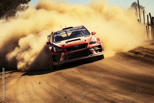 Race car make a turn with the clouds and splashes of sand, gravel and dust during rally championship