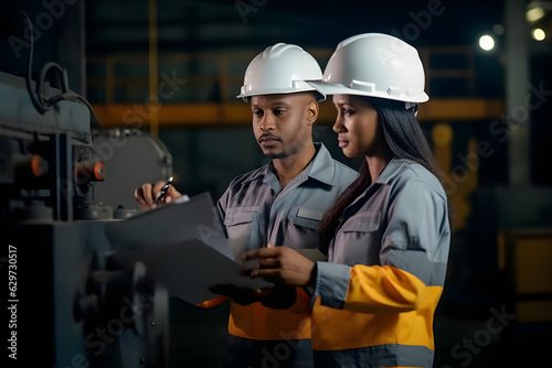 two professional engineer worker technician use clipboard discuss work walk in steel metal manufacture factory plant industry black african american man and woman wear hard hat check quality machine 