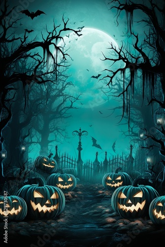  halloween scene horror background with creepy pumpkins of spooky halloween haunted mansion Evil houseat night with full moon |  Generative AI