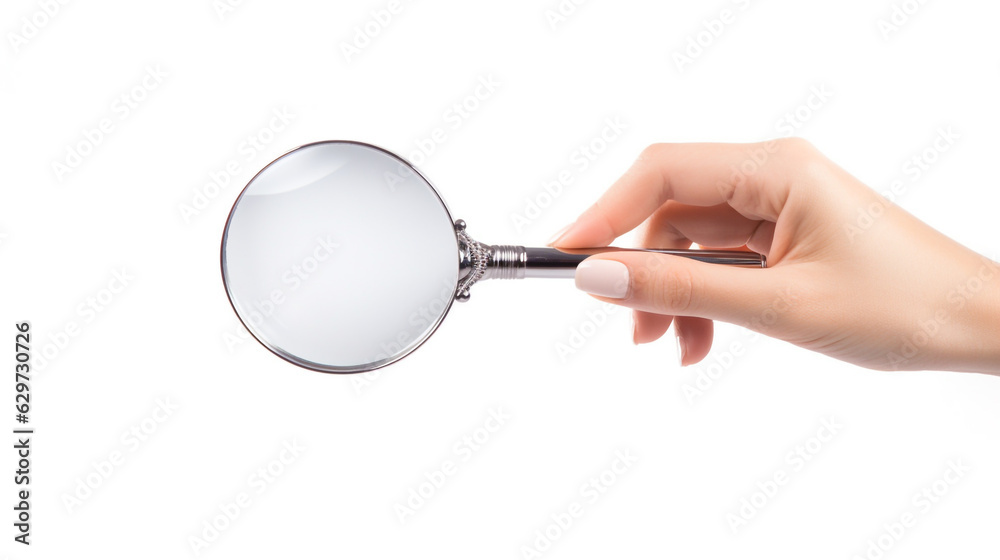 female hand holding a magnifying glass on a white background. Generative Ai. female hand holding a magnifying glass on a white background. Generative Ai.