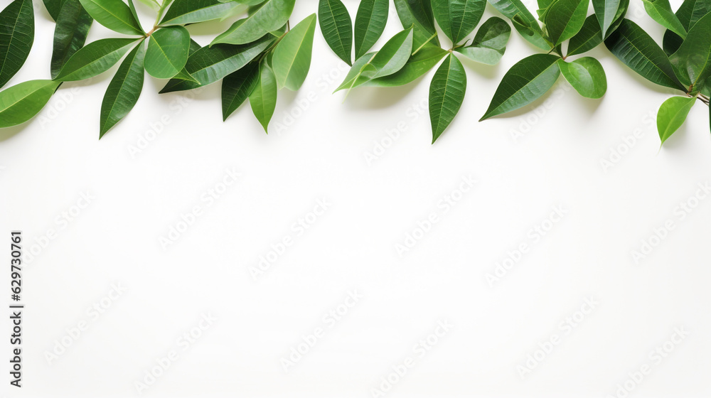 branches of green leaves on a white background with empty space for insertion and from above. Generative Ai. branches of green leaves on a white background with empty space for insertion and from above. Generative Ai.