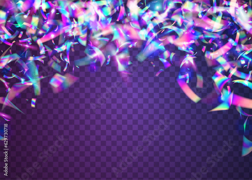 Fototapeta Naklejka Na Ścianę i Meble -  Holographic Effect. Disco Colorful Backdrop. Neon Sparkles. Glitter Art. Violet Metal Glare. Birthday Glitter. Laser Element. Surreal Foil. Purple Holographic Effect