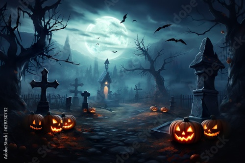  halloween scene horror background with creepy pumpkins of spooky halloween haunted mansion Evil houseat night with full moon |  Generative AI photo