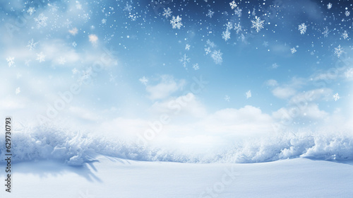 Christmas background with white snow drifts snowflakes on blue sky. Generative Ai.  © PETR BABKIN