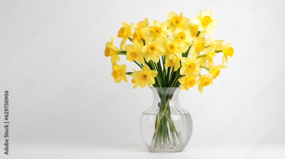 bouquet of yellow daffodils in a glass vase on a white background. Generative Ai. bouquet of yellow daffodils in a glass vase on a white background. Generative Ai.