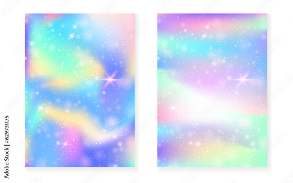 Kawaii background with rainbow princess gradient. Magic unicorn hologram.