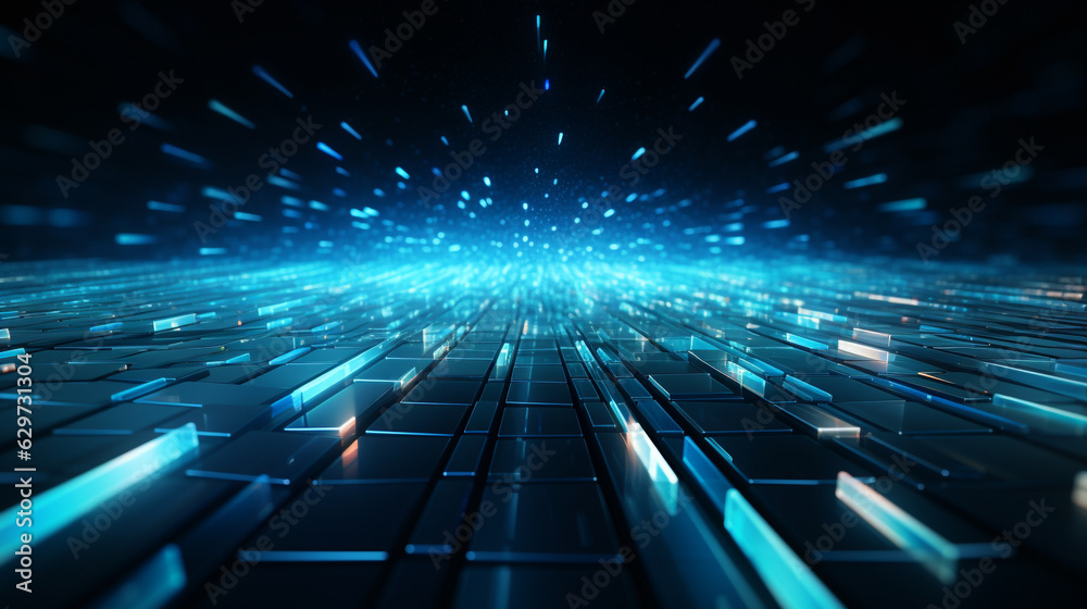 technological futuristic background with blue glowing rays coming from the horizon. Generative Ai. technological futuristic background with blue glowing rays coming from the horizon. Generative Ai.
