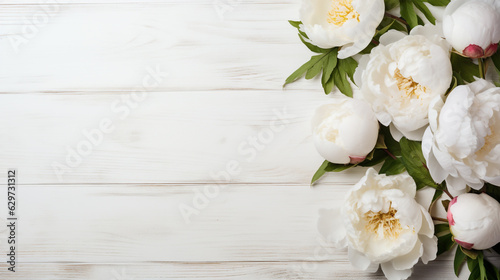 bouquet of white peonies on a wooden table with empty space for pasting. Generative Ai.  © PETR BABKIN