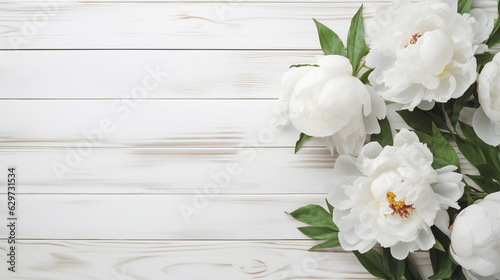 white peonies on a light wooden background with empty space to insert. Generative Ai. 