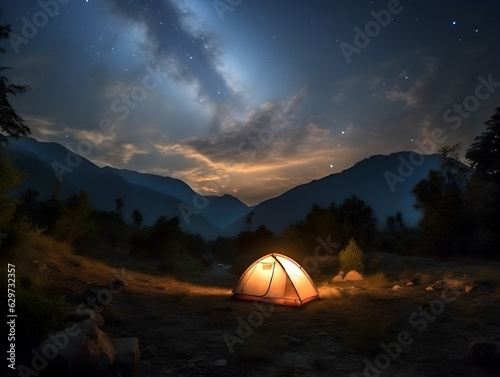 Camping in a tent under milkyway with twinkling stars in the background. camp with camp fire under starry sky