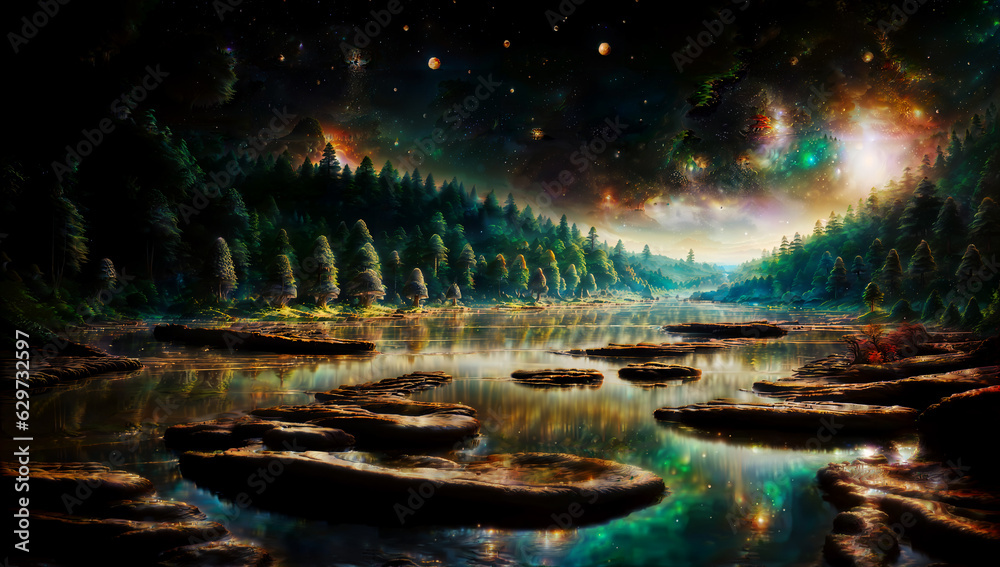 A river flowing through a forest on an alien planet with galaxies of stars and planets visible in the sky, Generative AI