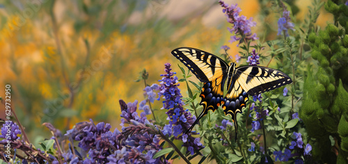 Tiger Swallowtail Butterfly, on Purple Blooms - A Captivating Encounter with Nature's Colorful Charm.