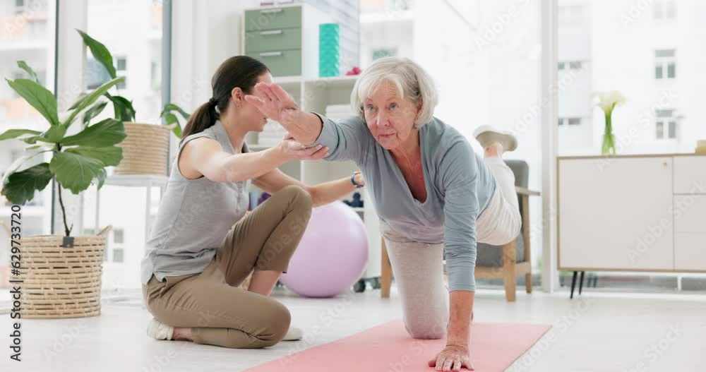 Physiotherapy, trainer and yoga for senior woman with support in studio for workout or wellness. Healthcare, professional and physical healing for elderly female with stretching for fitness or body.