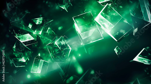 Abstract background image of a cube exploding into lots of cubiod shapes in a green environment with specular light computer desktop wallpaper photo