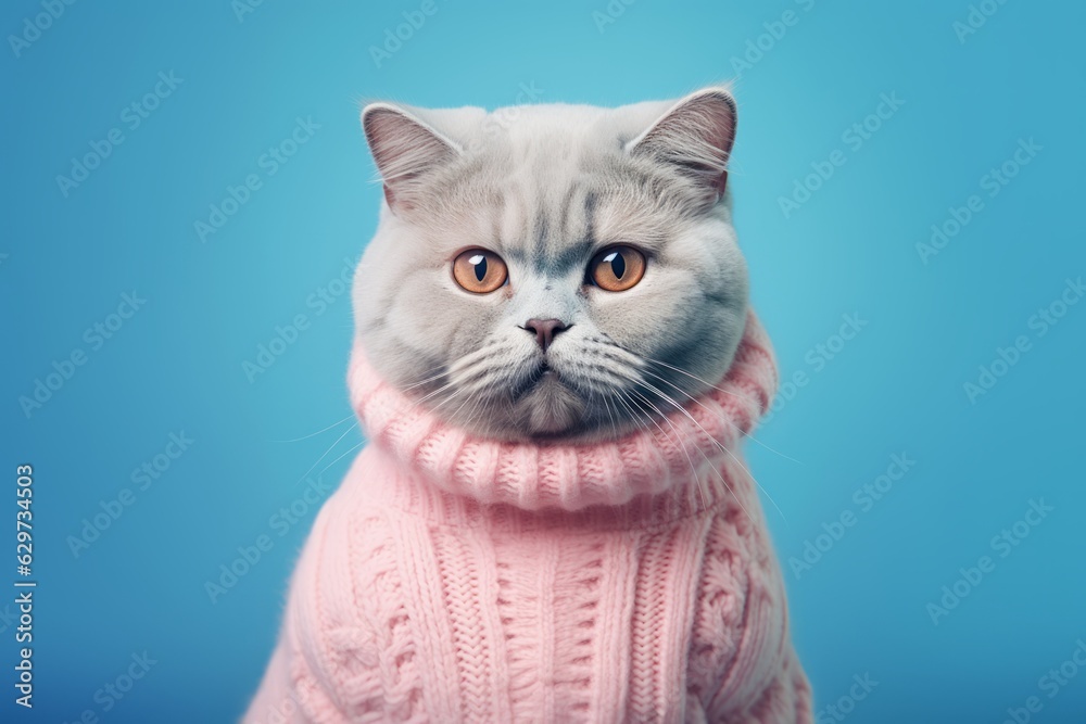 Fashionable British Shorthair gray cat wearing a pink roll neck sweater on a blue background with copy space. Minimal fun concept for winter season in fashion industry and warm winter clothes campaign Fashionable British Shorthair gray cat wearing a pink roll neck sweater on a blue background with copy space. Minimal fun concept for winter season in fashion industry and warm winter clothes campaign