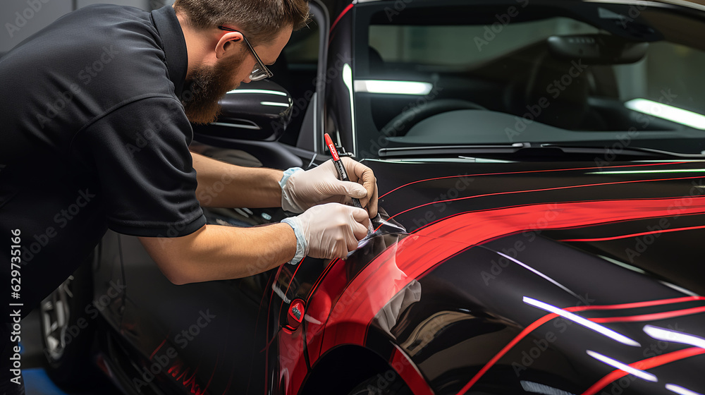 A vehicle wrapping specialist trimming excess vinyl on a car's edges. A vehicle wrapping specialist trimming excess vinyl on a car's edges.