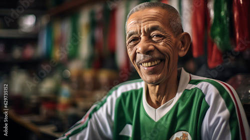 An Algerian man smiling wearing the Algeria shirt. 