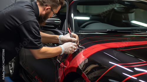 A vehicle wrapping specialist trimming excess vinyl on a car's edges. 