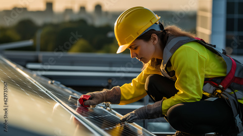 Wallpaper Mural A woman in a yellow vest conducting a solar panel maintenance check.  Torontodigital.ca