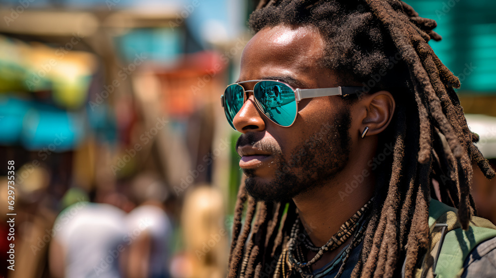 A man with dreadlocks wearing bamboo sunglasses and a shirt made from recycled plastic bottles. A man with dreadlocks wearing bamboo sunglasses and a shirt made from recycled plastic bottles.