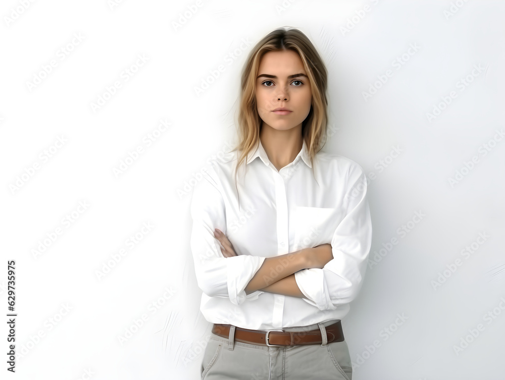 Portrait of woman posing with crossed arms and looking at the camera over white background Portrait of woman posing with crossed arms and looking at the camera over white background