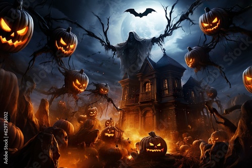  halloween scene horror background with creepy pumpkins of spooky halloween haunted mansion Evil houseat night with full moon |  Generative AI