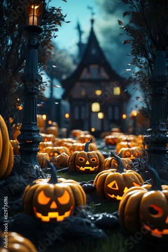  halloween scene horror background with creepy pumpkins of spooky halloween haunted mansion Evil houseat night with full moon |  Generative AI photo