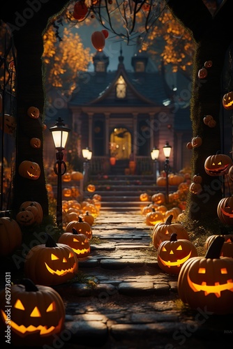  halloween scene horror background with creepy pumpkins of spooky halloween haunted mansion Evil houseat night with full moon |  Generative AI